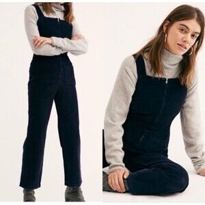 Free People Navy Corduroy Zip Front Jumpsuit Overalls Size 2 Wide Leg Cotton